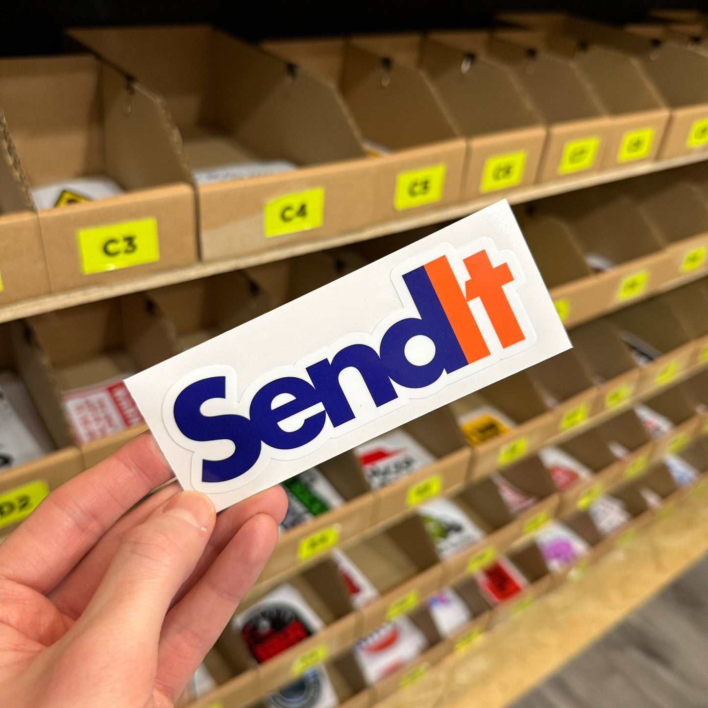 “Send It” parody vinyl car sticker inspired by FedEx logo in blue and orange