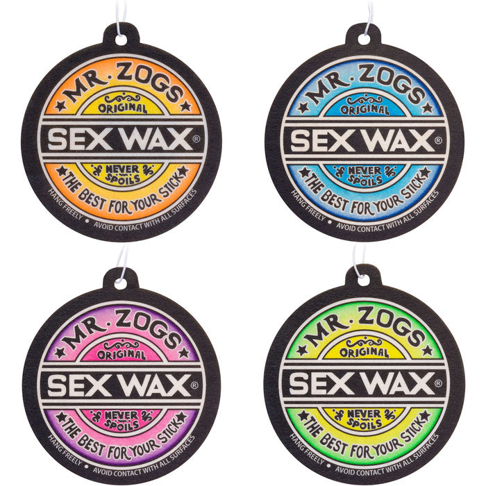 Mr.Zogs Sexwax Air Fresheners out of packaging showing them hanging freely. All four scents in different colours. Coconut, Grape, Strawberry and Pineapple.