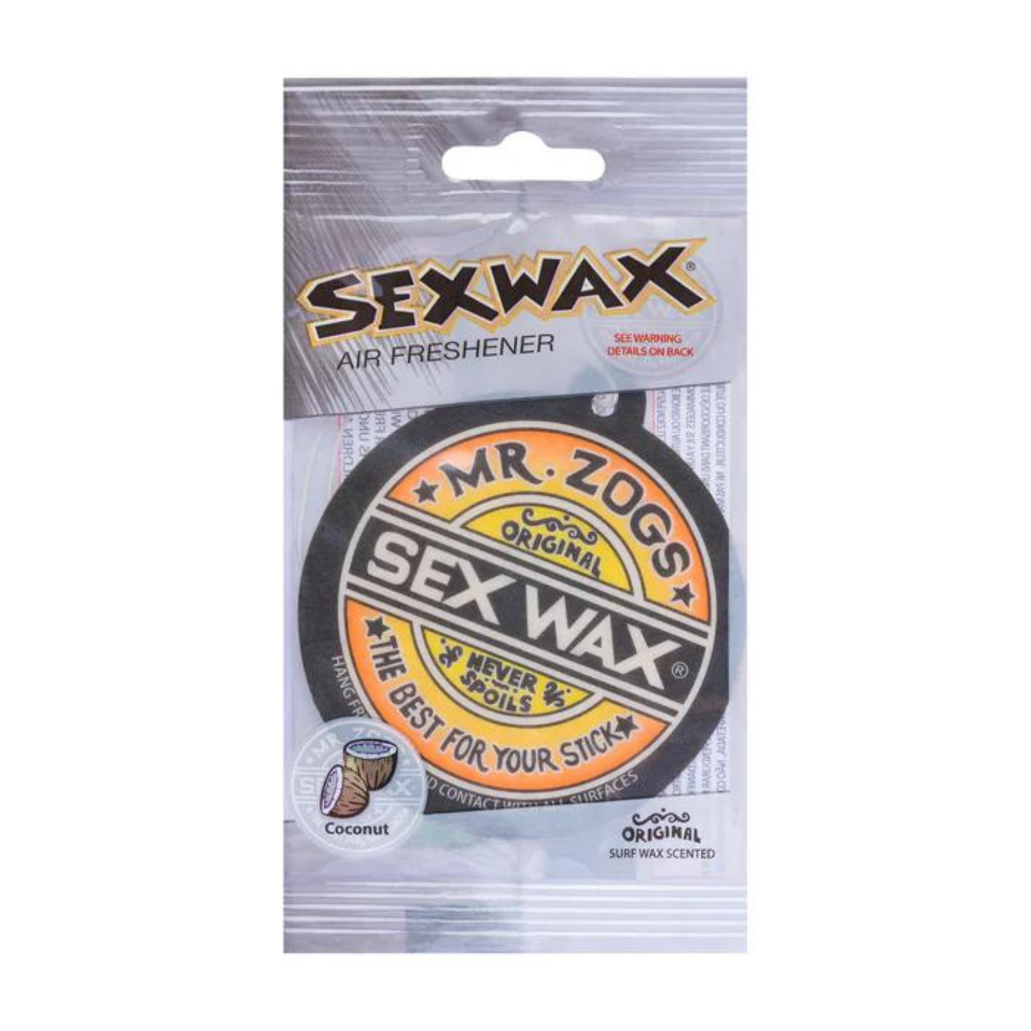 Mr.Zogs Sexwax Haning Car Air Freshener in Coconut scent. Product in packaging featuring the iconic Sexwax Logo.