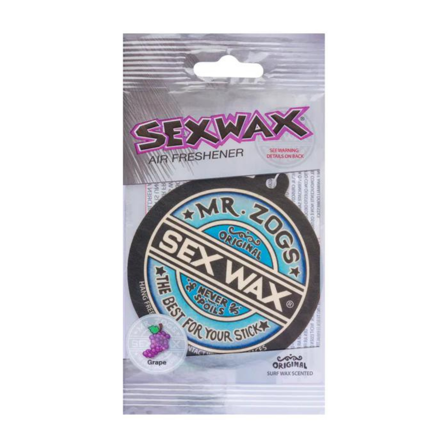 Mr.Zogs Sexwax Haning Car Air Freshener in Grape scent. Product in packaging featuring the iconic Sexwax Logo.