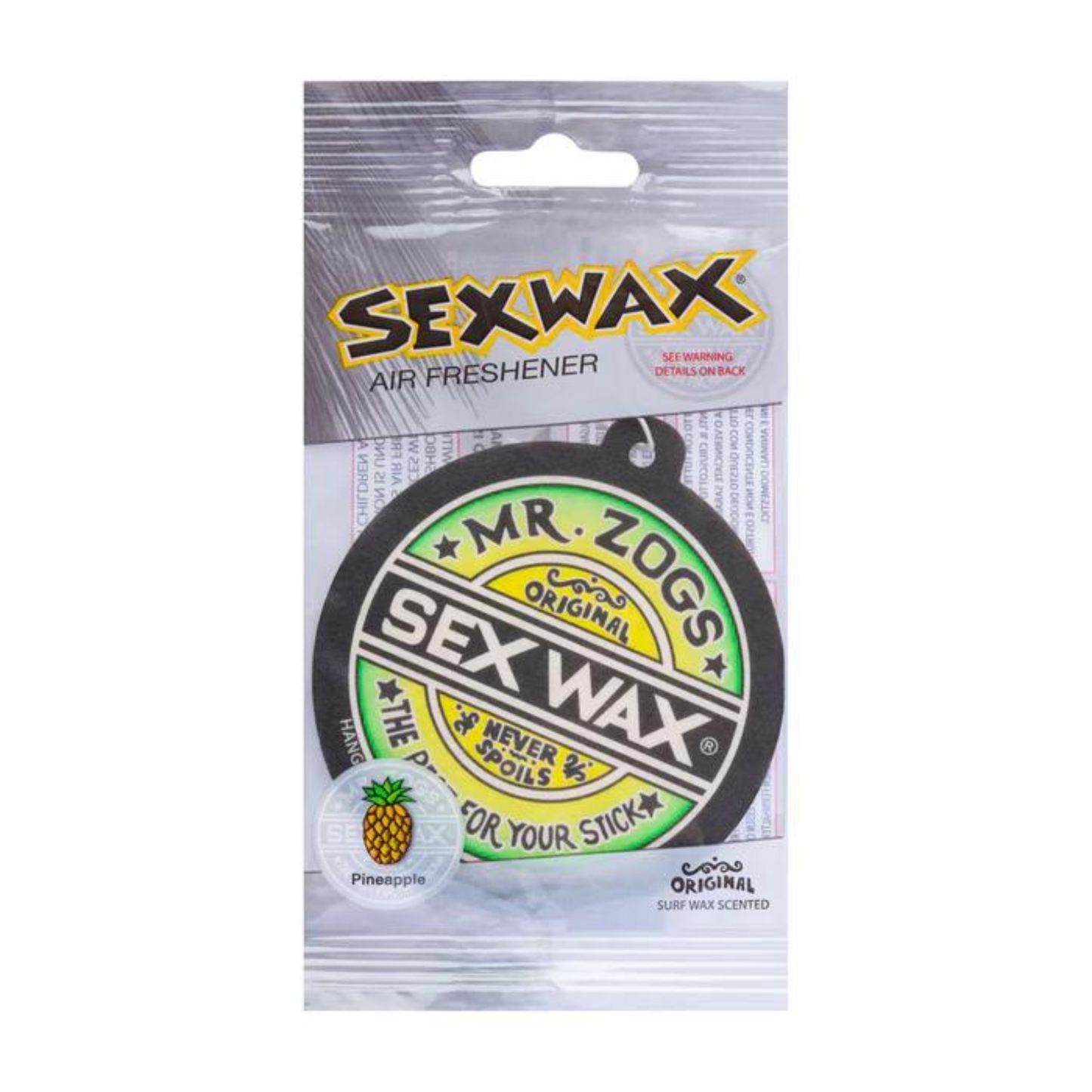 Mr.Zogs Sexwax Haning Car Air Freshener in Pineapple scent. Product in packaging featuring the iconic Sexwax Logo.