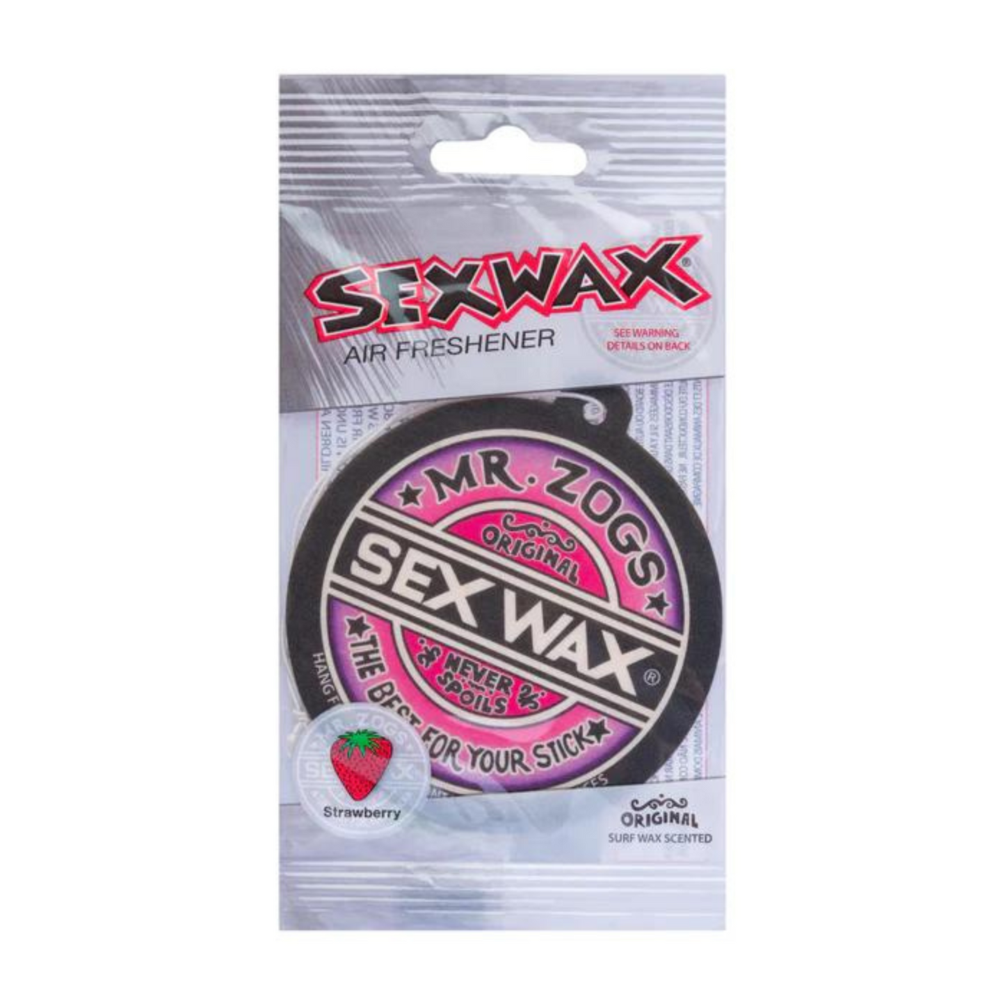 Mr.Zogs Sexwax Haning Car Air Freshener in Strawberry scent. Product in packaging featuring the iconic Sexwax Logo.