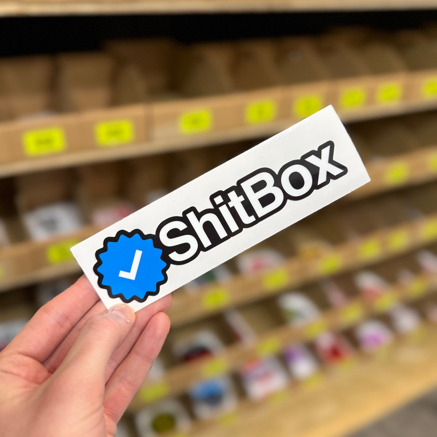 Shitbox verified funny vinyl sticker with blue tick icon design