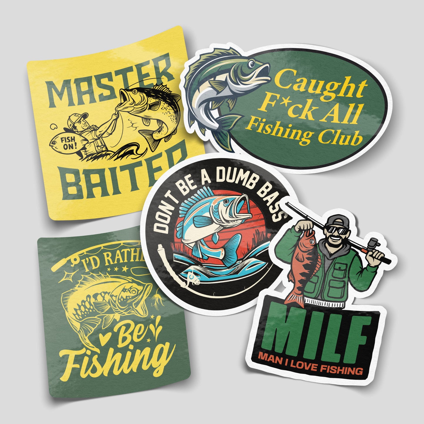 Funny fishing sticker pack featuring humorous angling designs, novelty vinyl stickers perfect for cars, tackle boxes and fishing gear.