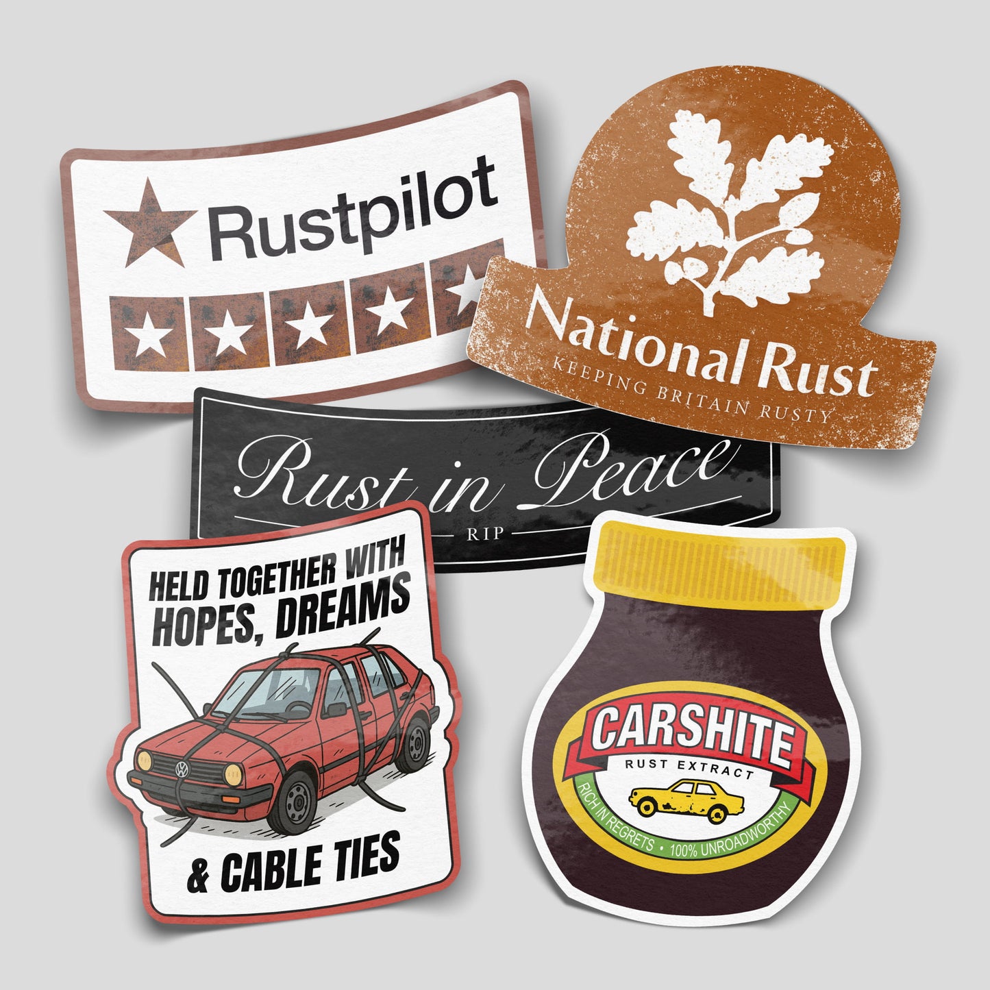 Rust themed funny sticker pack featuring project car humour, novelty vinyl decals for garages, workshops and car builds.