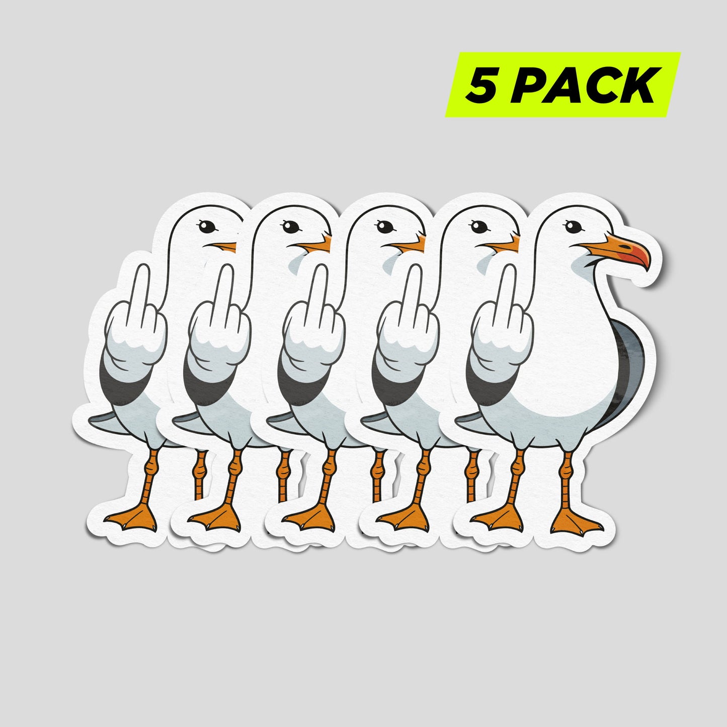 Funny seagull sticker pack featuring cheeky bird designs, novelty vinyl decals perfect for cars, vans and laptops.