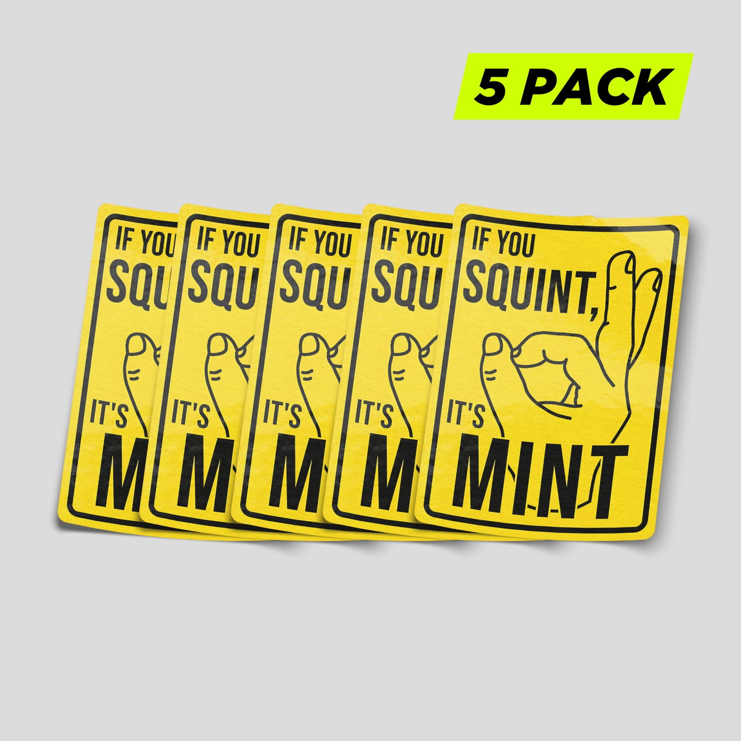 Funny squint mint sticker pack with visual joke designs, novelty vinyl decals ideal for cars, toolboxes and garages.