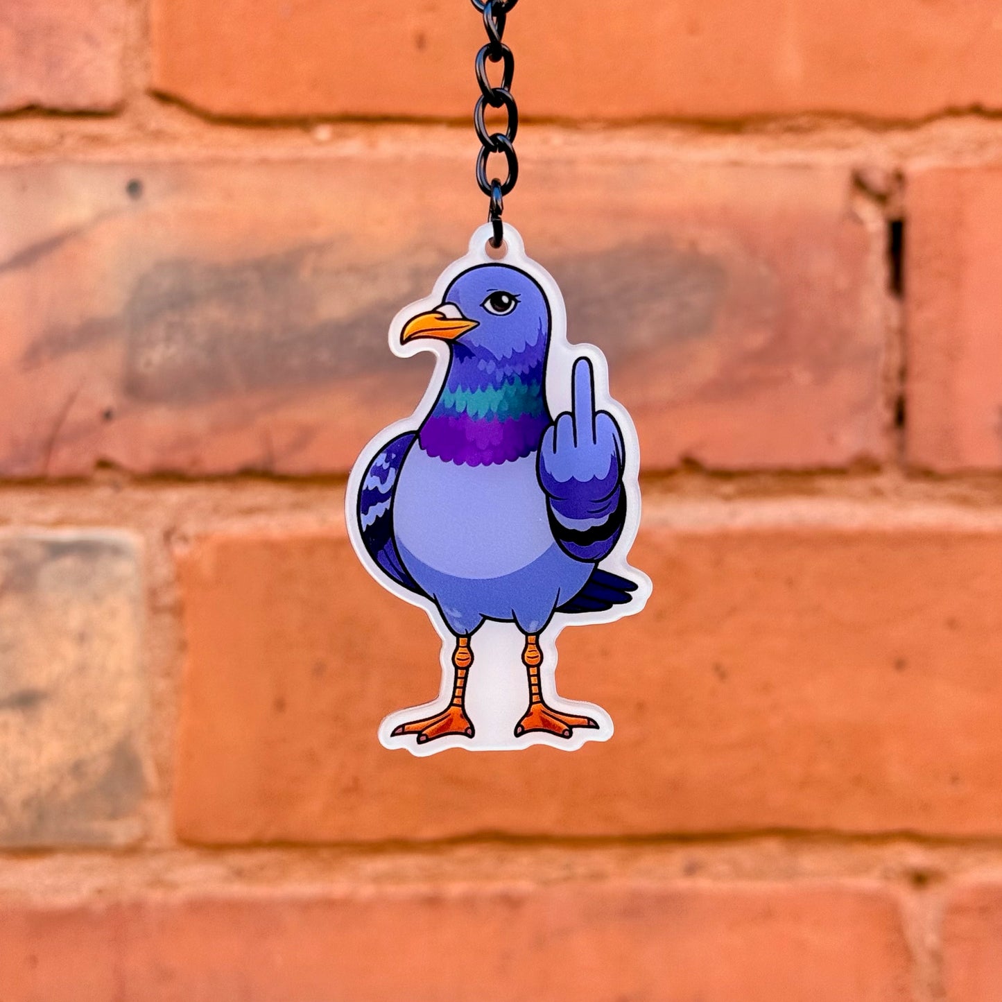 Funny pigeon flipping the bird acrylic keychain with double-sided print and gloss black chain