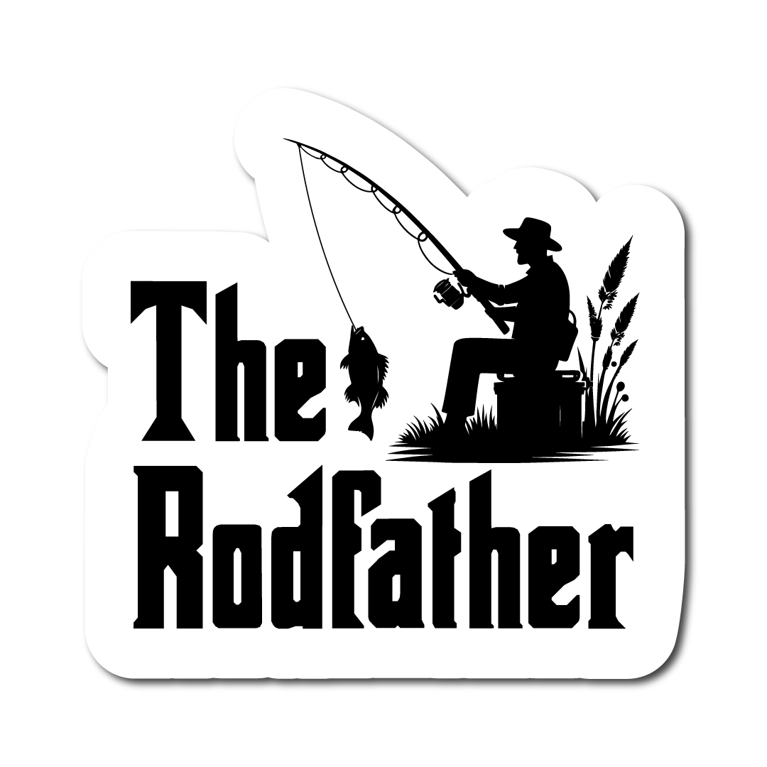 Black vinyl sticker reading “The Rodfather” with a silhouette of a fisherman catching a fish – perfect for anglers and fishing humour lovers.