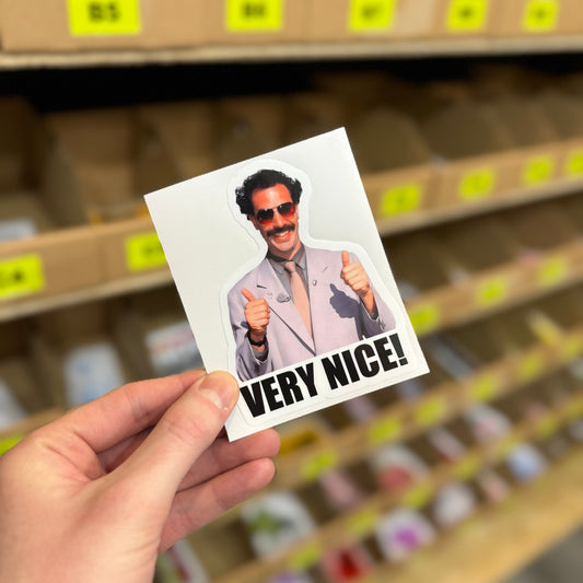 Borat thumbs up “Very nice!” funny vinyl sticker.