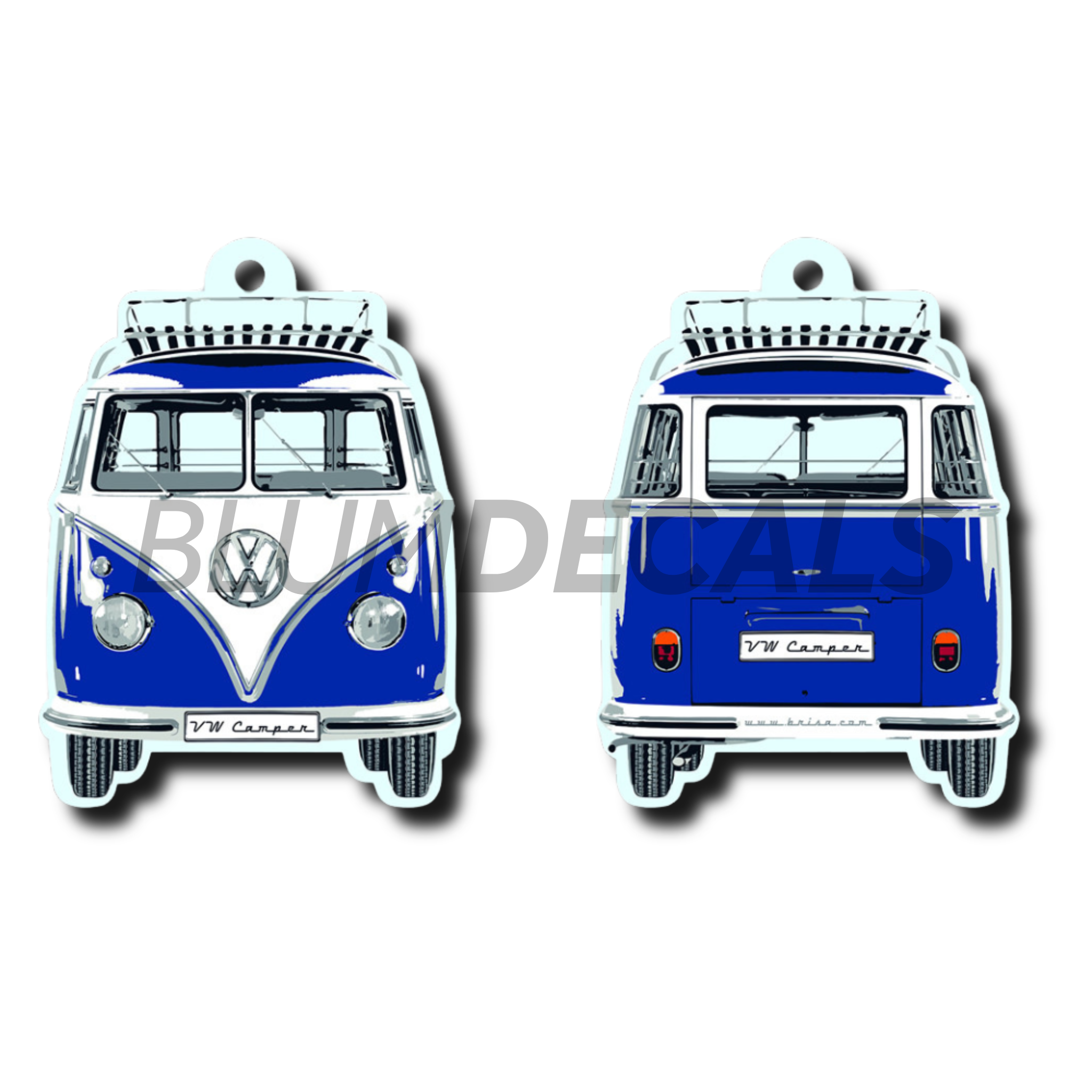 Volkswagen T1 Camper Van air freshener design – front and back view. Classic blue VW camper van shape with detailed styling, featuring the iconic split-screen look.