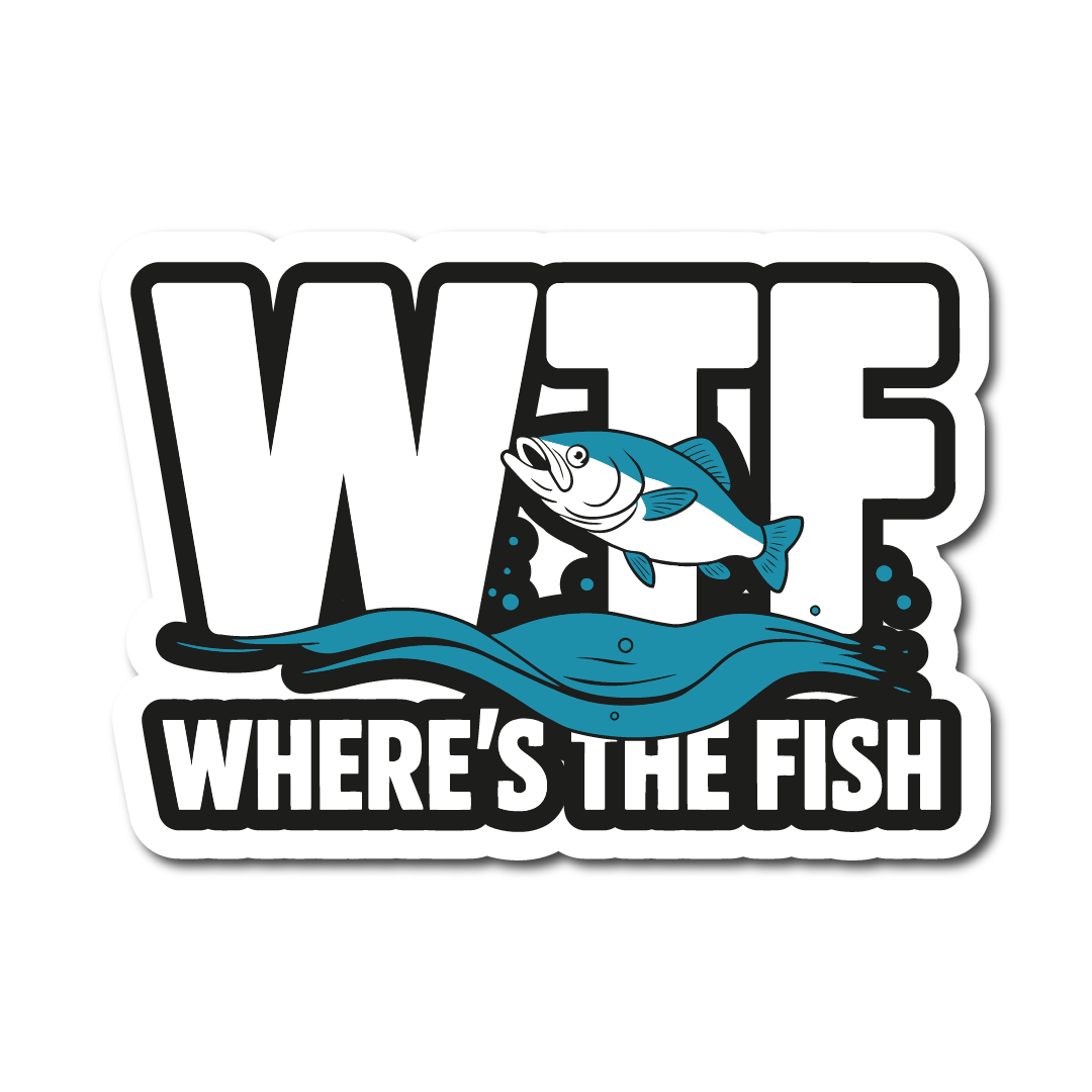 Funny fishing vinyl sticker showing the text “WTF – Where’s The Fish” with a jumping fish through the letters. Great for anglers and tackle boxes.