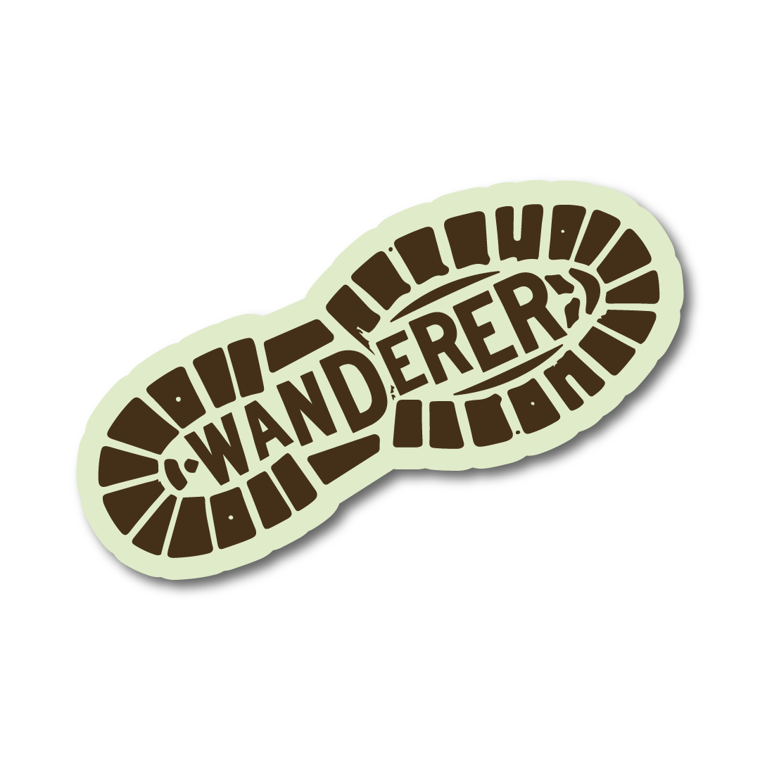 Vinyl sticker shaped like a hiking boot footprint with the word “Wanderer” inside, symbolising adventure and exploration.