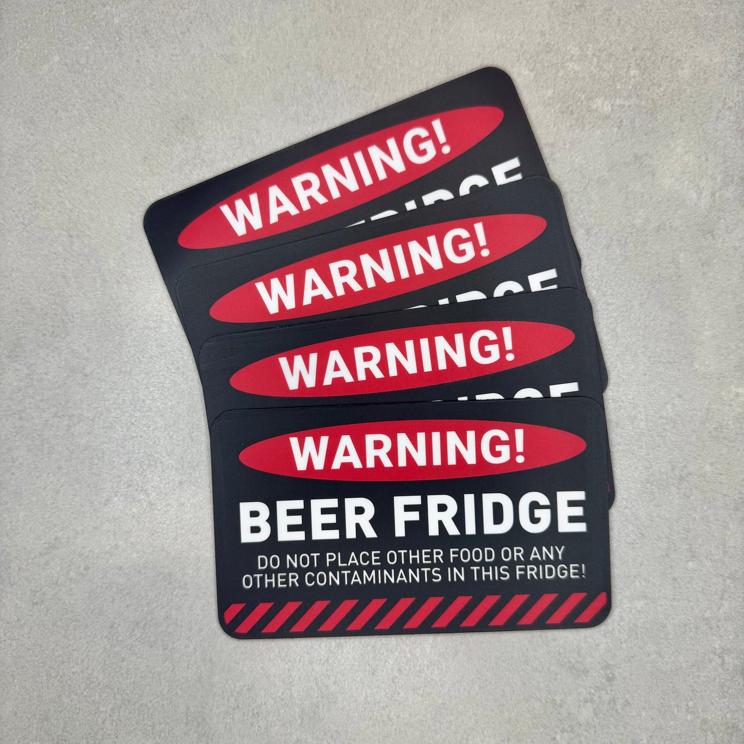Beer Fridge Warning funny magnet stack featuring industrial warning style design. Removable novelty fridge magnet perfect for garages, home bars and beer fridges with durable matte laminate finish by Blum Decals UK.