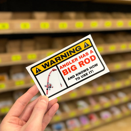 Fishing warning sign reading “Angler has a big rod” funny vinyl sticker.