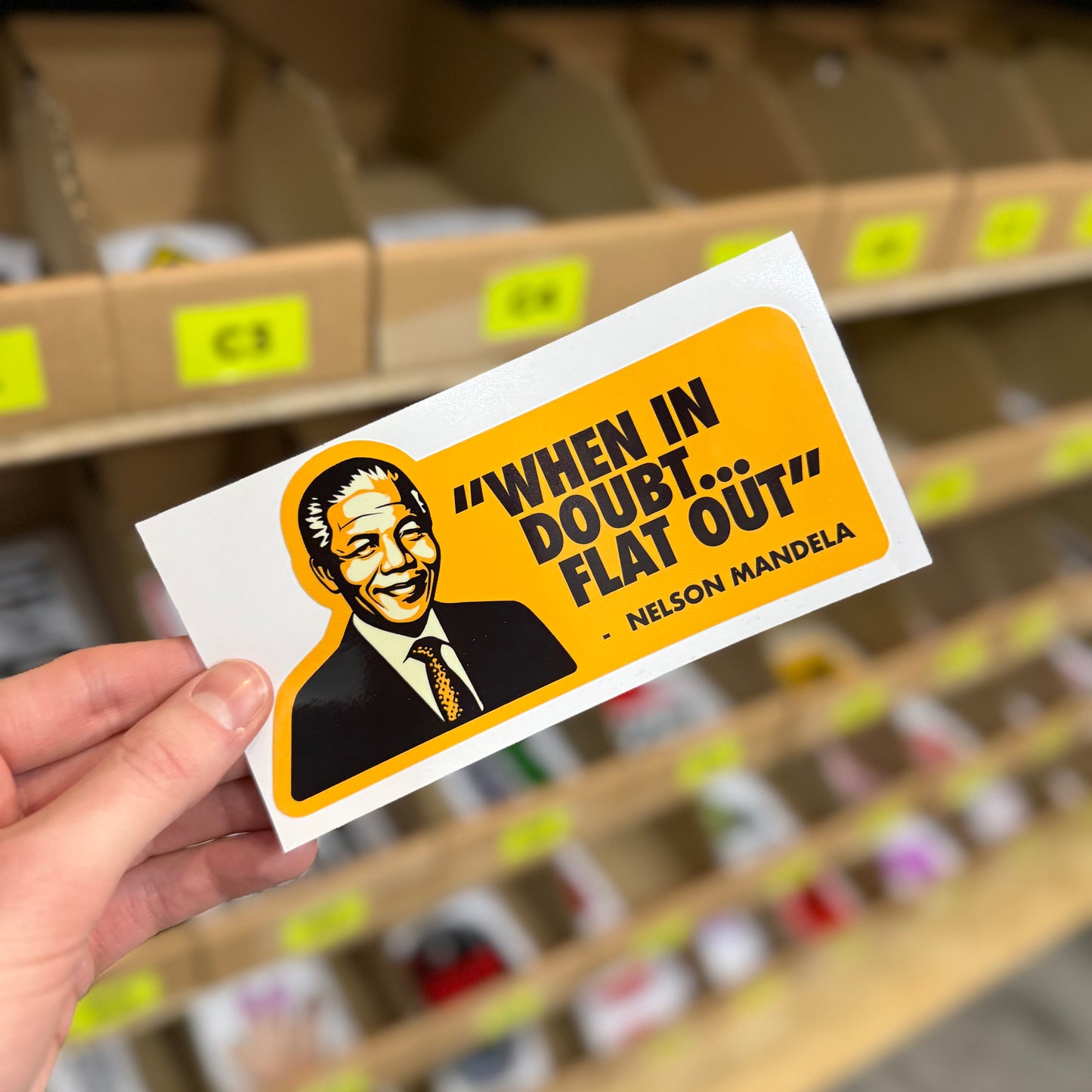 Nelson Mandela parody quote “When in doubt flat out” funny vinyl sticker.