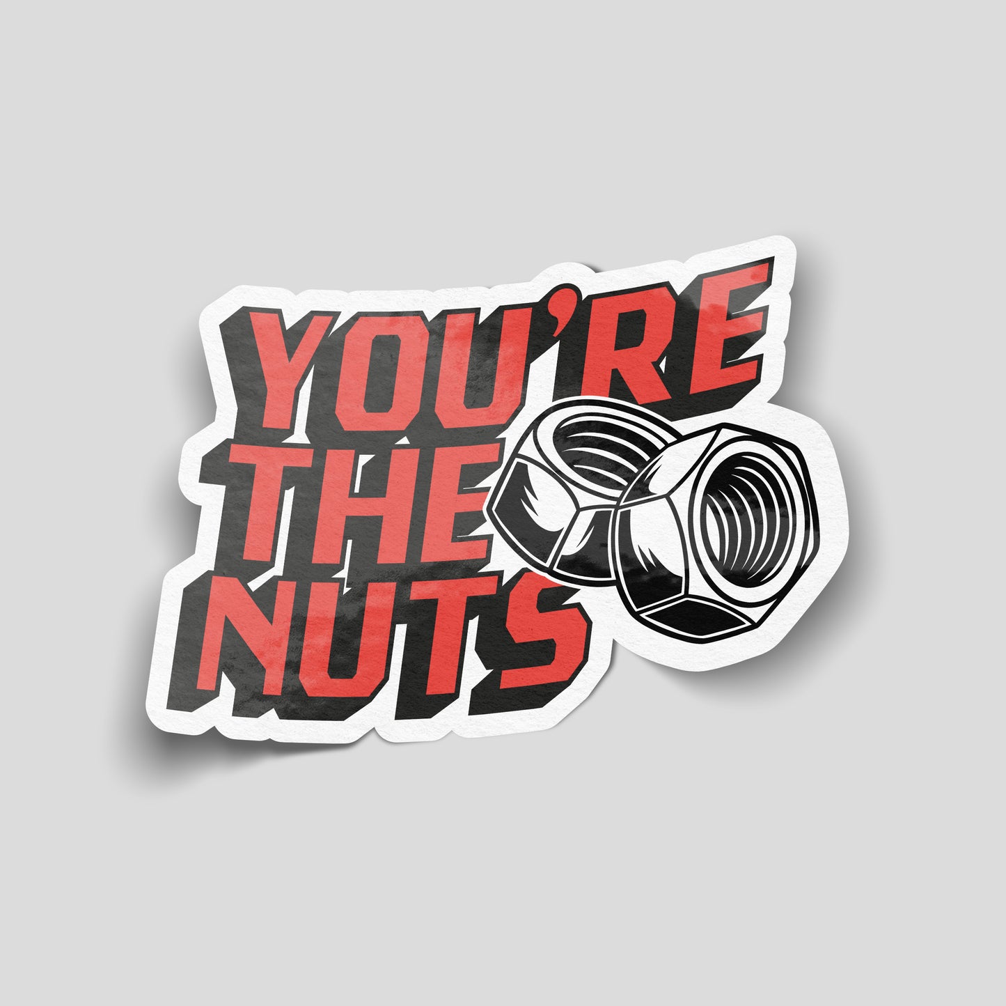 “You’re The Nuts” funny vinyl sticker featuring illustrated nuts and bolts, novelty car decal ideal for mechanics, garages and toolboxes.