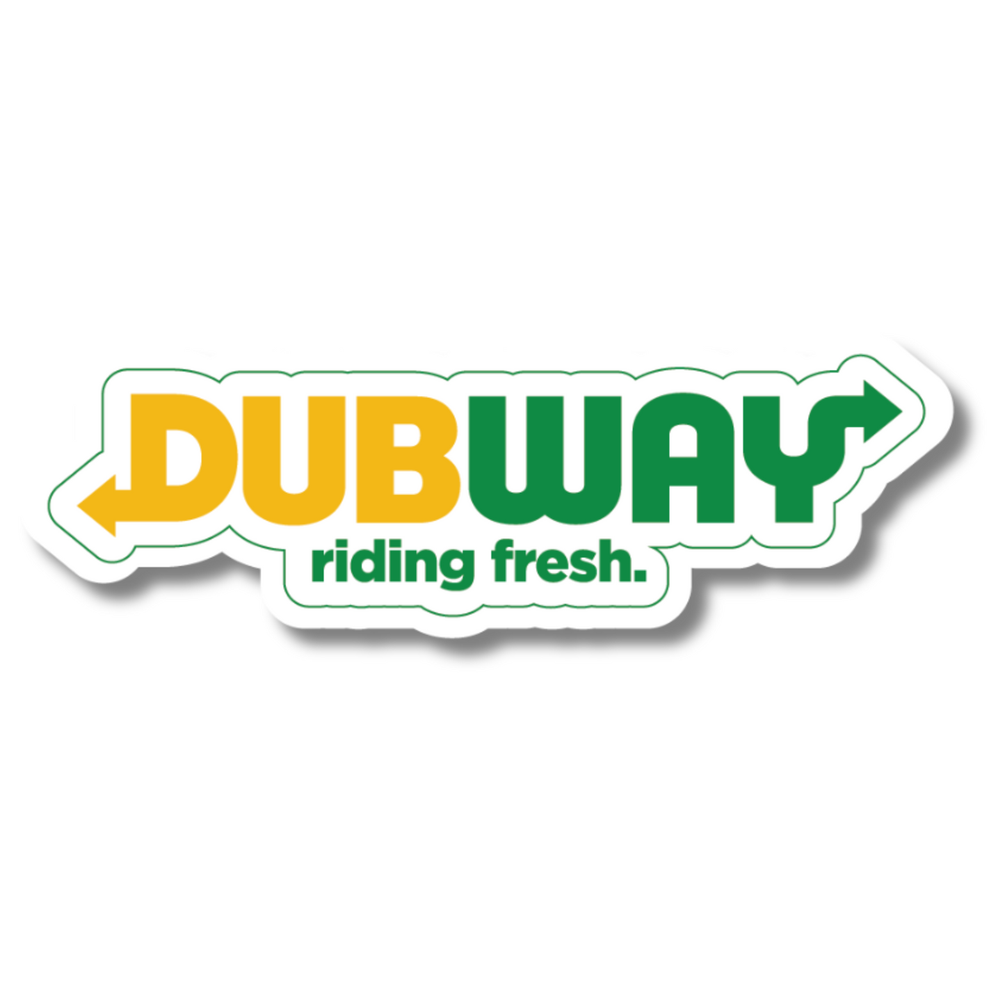 Funny “Dubway – Riding Fresh” vinyl sticker in green and yellow – parody design for VW drivers and VAG car lovers.