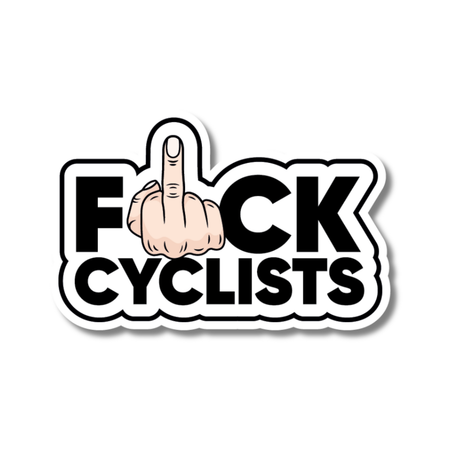 Rude anti-cyclist vinyl sticker with middle finger replacing the letter "U" – funny and bold for UK car and van owners.