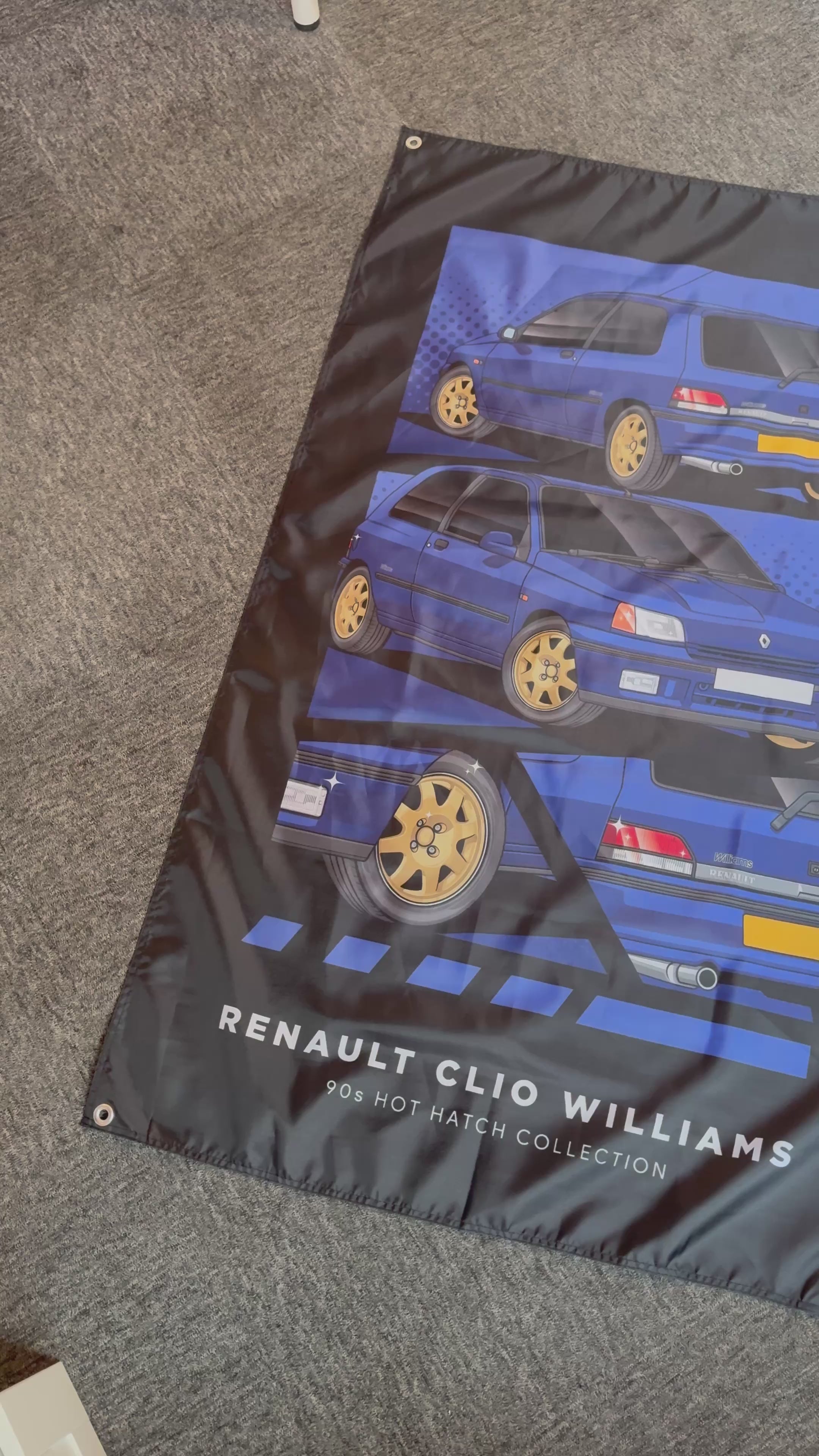 Video showing a Renault Clio Williams Garage banner, with close ups of the individual details.