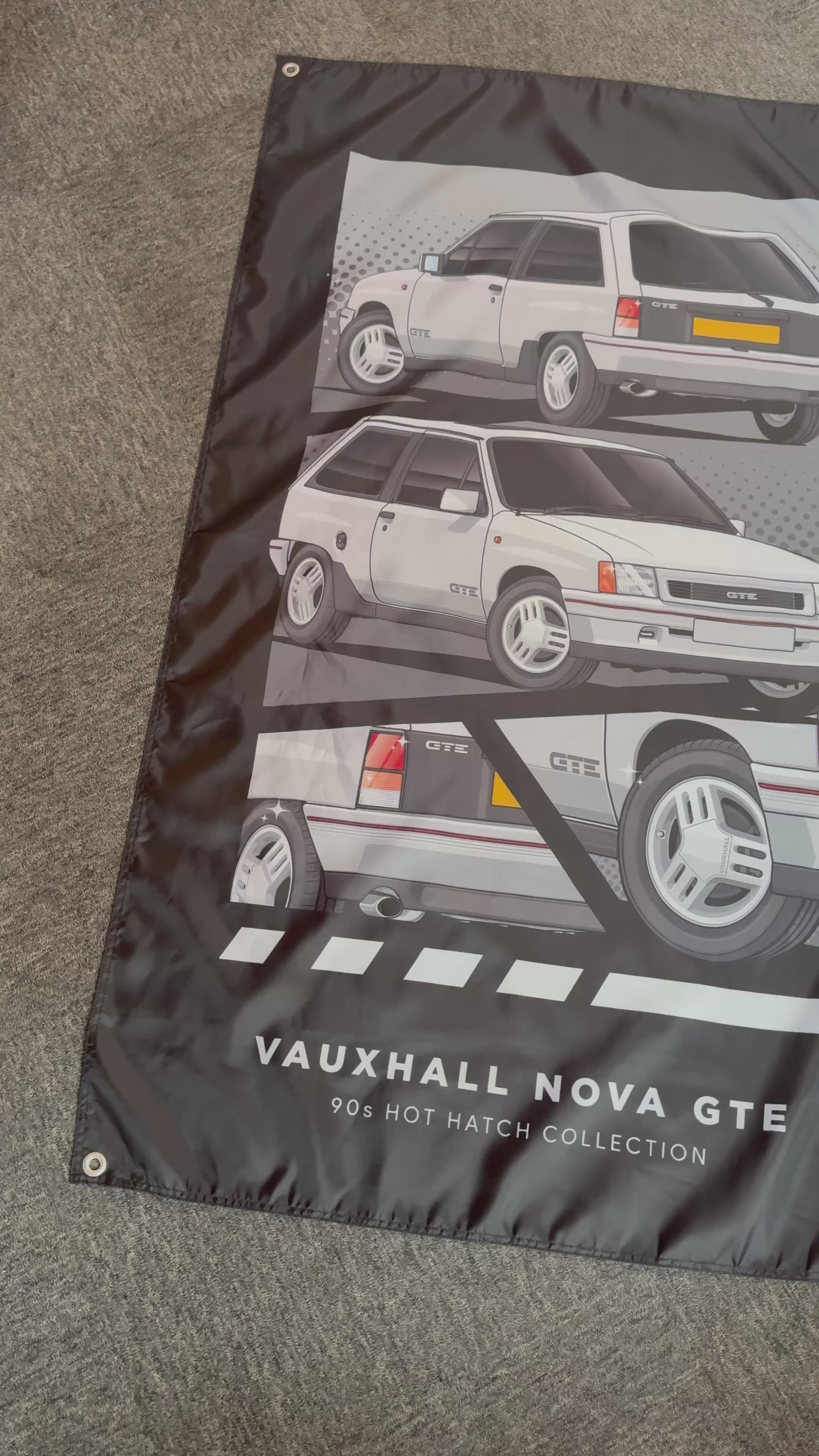 Video showing a Vauxhall Nova GTE Garage banner, with close ups of the individual details.