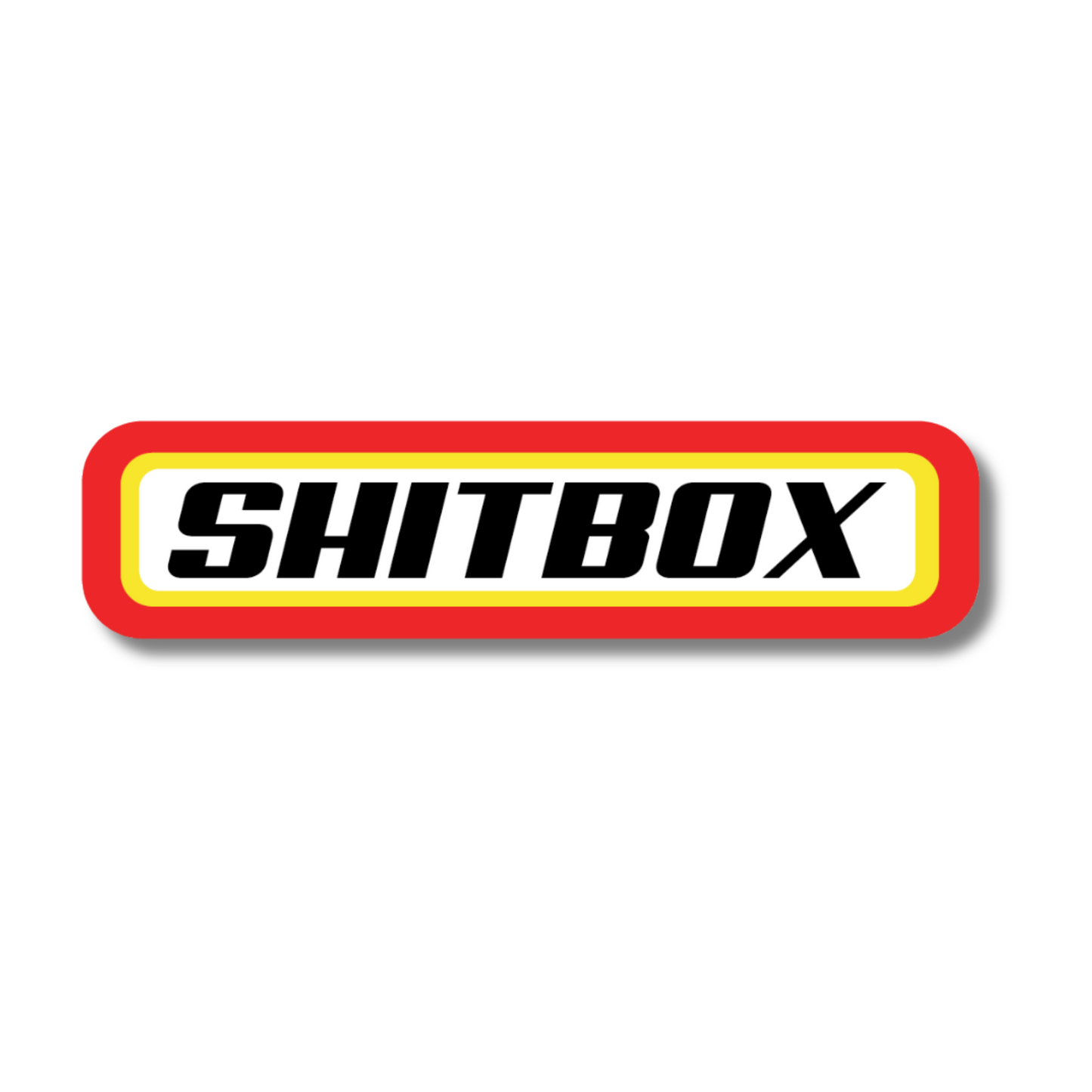 Funny vinyl sticker saying “Shitbox” in retro Hot Wheels style – perfect for bangers, beaters, and proud owners of questionable cars.