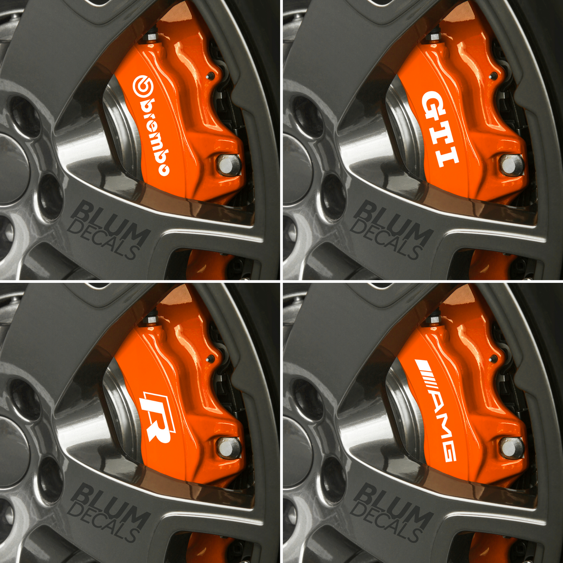 Grid of various brake caliper decals featuring pupular brands like Golf R, GTI, AMG and Brembo