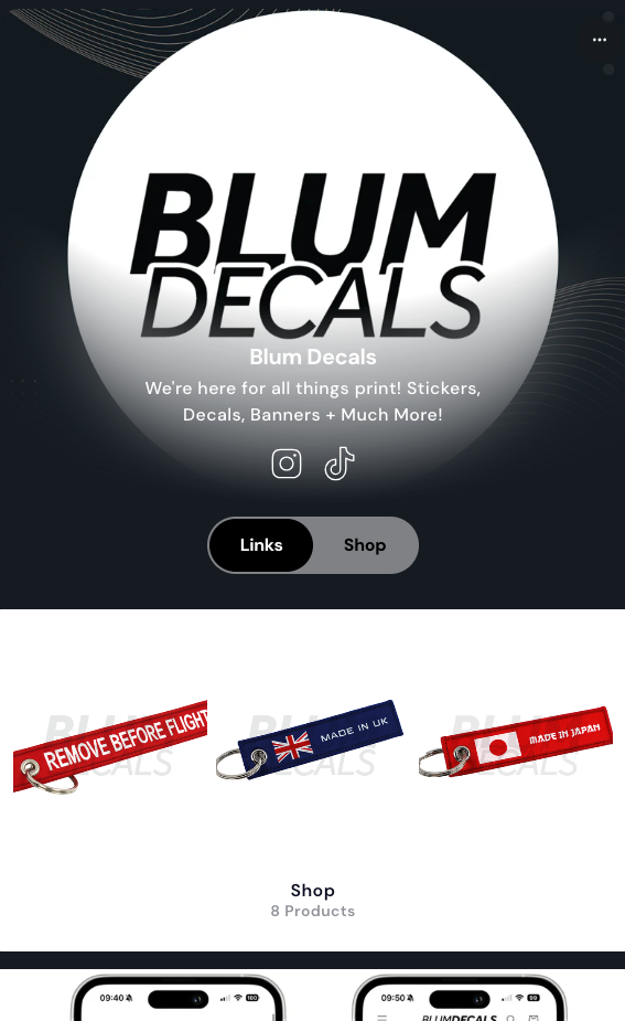 Blum Decals Linktree account. Connecting you directly to our shop and social meida profiles. Browse Instagram Tag Stickers, Printed Vinyl Stickers, Jet Tag Keychains, and much more!