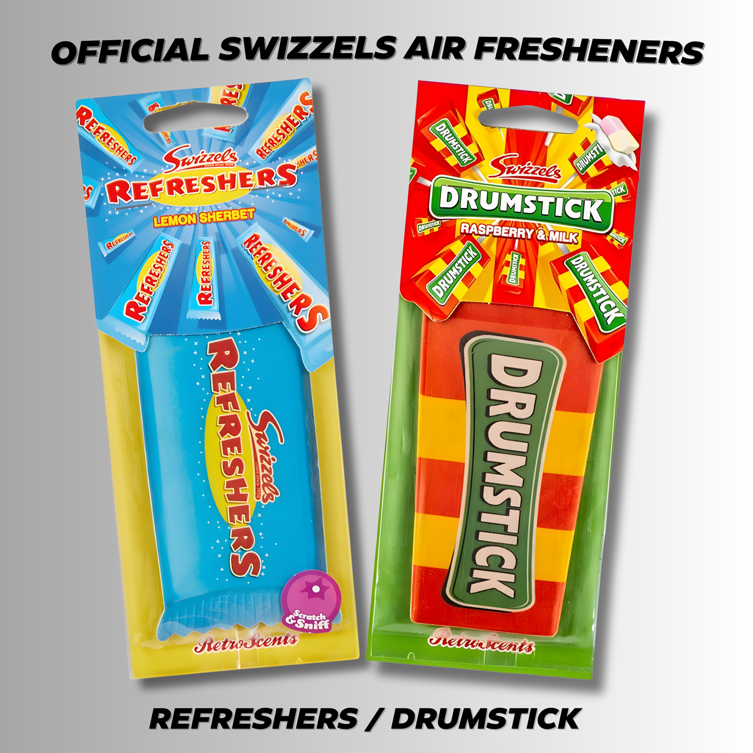 Collection of official drumstick and refreshers scented hanging car air fresheners