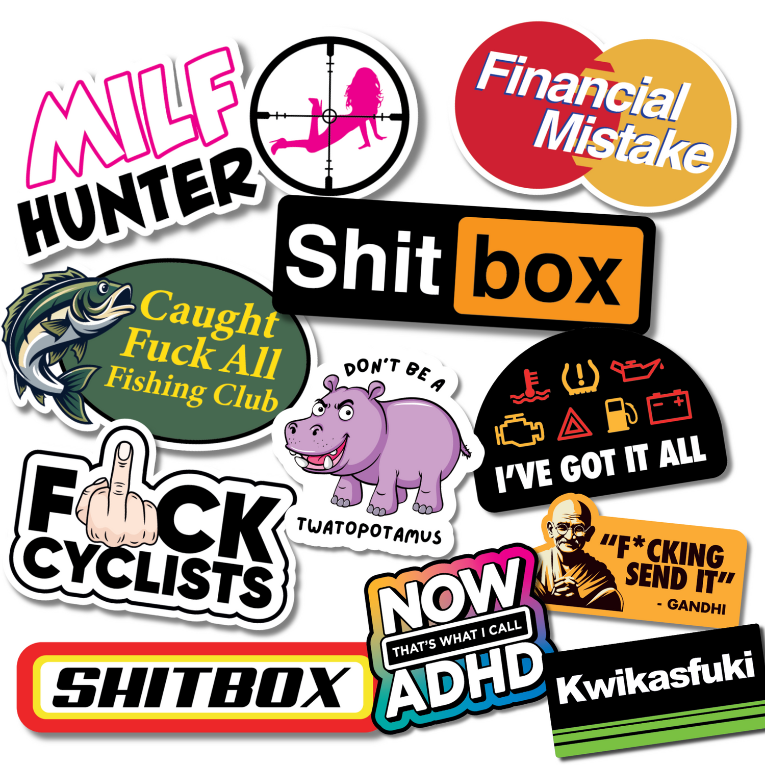 A collage of funny and rude vinyl stickers featuring bold designs, swearing, and car humour – perfect for bangers, vans, and toolbox banter.