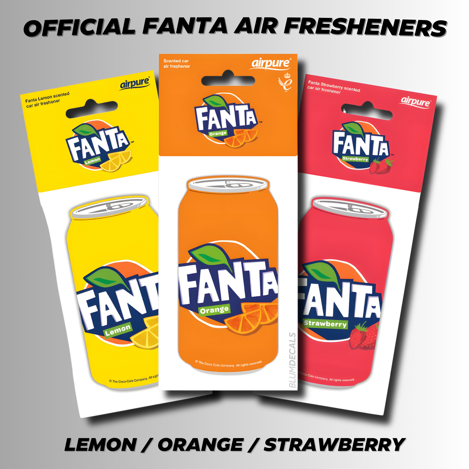 Official Fanta air fresheners in Lemon, Orange & Strawberry scents. Fun can-shaped designs with long-lasting fragrance. Perfect for cars, homes & offices. Licensed & cruelty-free.