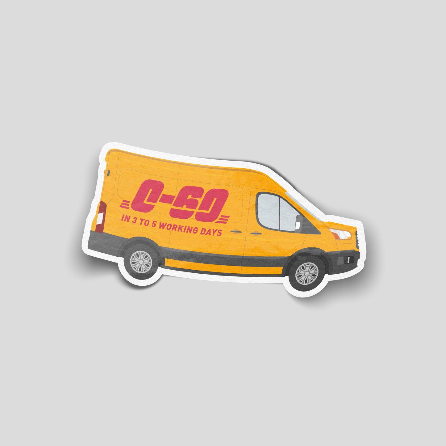 Illustrated yellow delivery van with comedic text about slow shipping times, humorous funny car sticker for UK drivers.