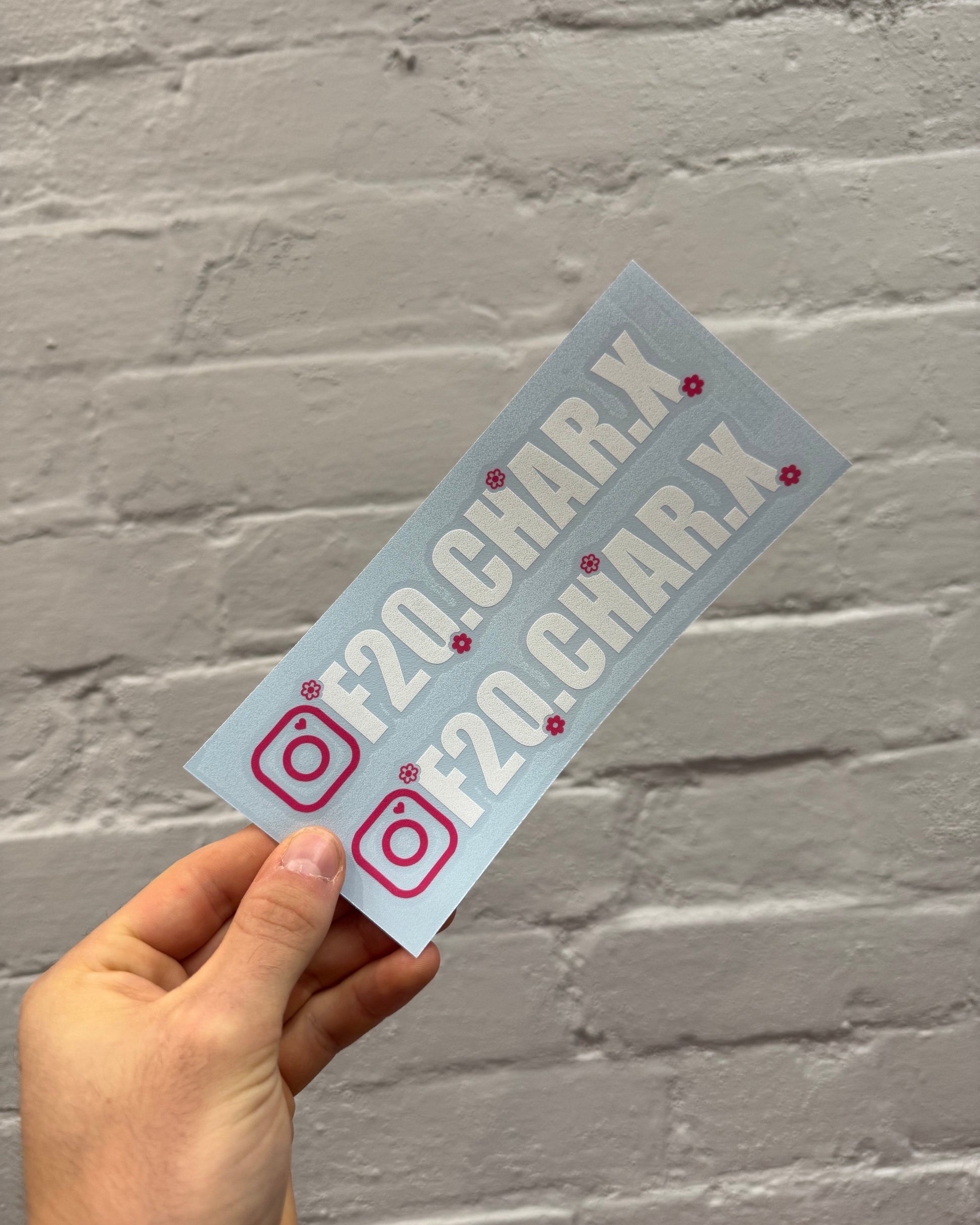 20cm personalised floral Instagram handle stickers with white text and pink accents, custom vinyl social media decals for cars
