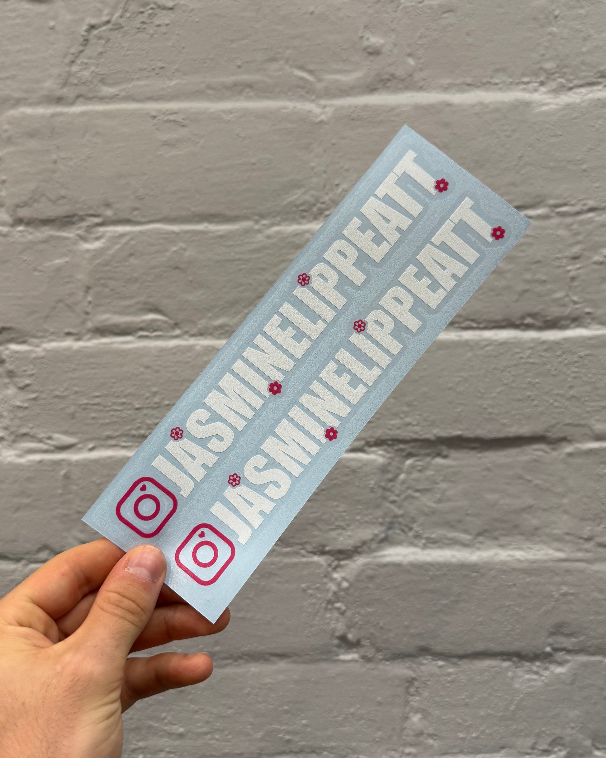 25cm floral Instagram username stickers with white lettering and pink flower details, personalised vinyl Instagram decals supplied as a pair