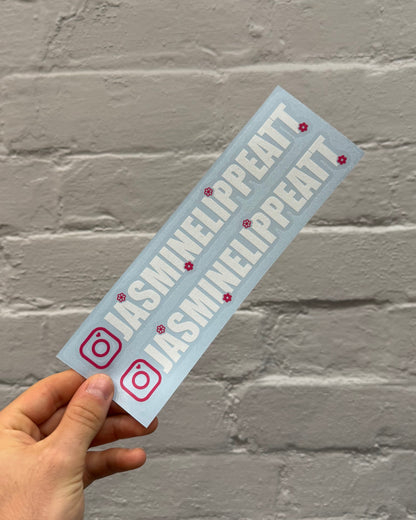 25cm floral Instagram username stickers with white lettering and pink flower details, personalised vinyl Instagram decals supplied as a pair