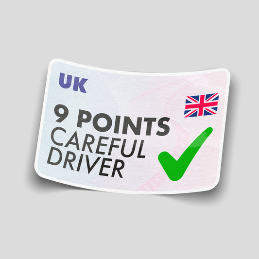 9 Points Careful Driver funny vinyl sticker styled like a UK licence card, perfect for cars and novelty sticker collections.