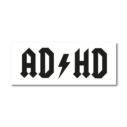 Funny ADHD vinyl slap sticker with bold gothic-style lettering and lightning bolt – perfect for cars, bikes, toolboxes or laptops.