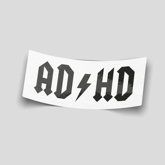 Black rock‑style “AD⚡HD” funny car sticker with lightning bolt graphic, UK novelty motoring decal.
