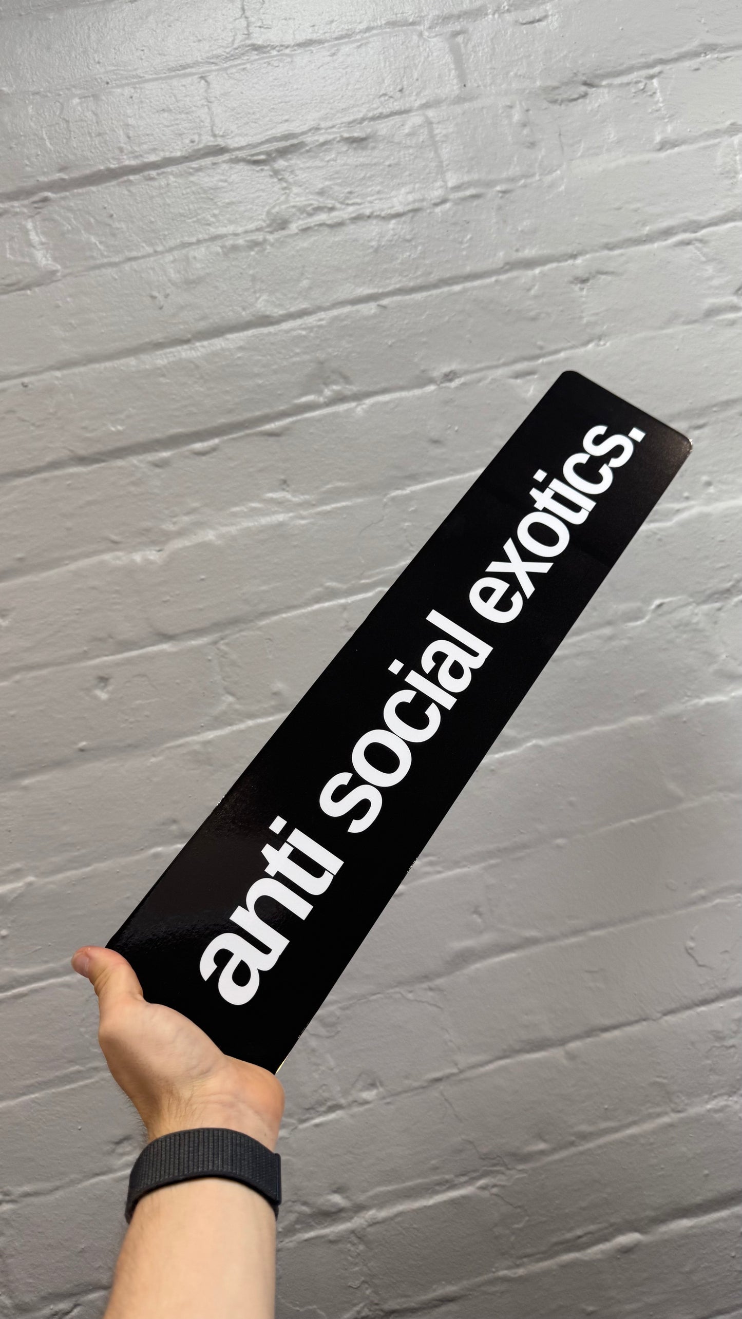 Black custom car show plate with Anti Social Exotics logo, personalised automotive business display plate made in the UK