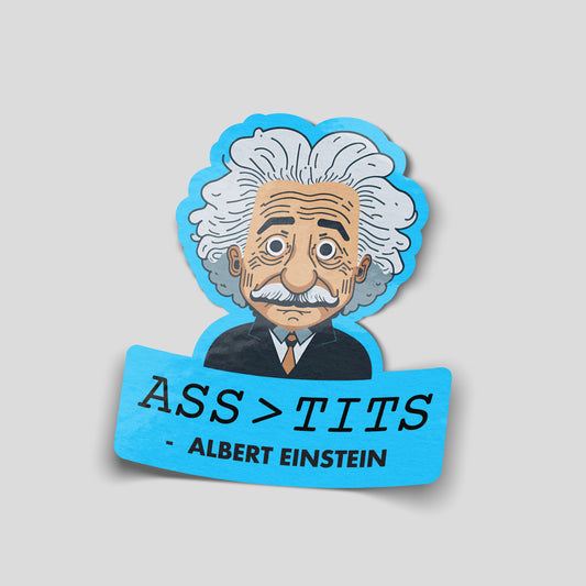 Cartoon scientist character on a blue background with a humorous quote printed below, bold funny car sticker for UK drivers.
