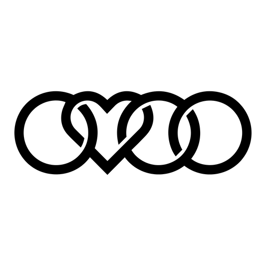 Gloss black Audi-inspired logo sticker with a heart replacing one of the iconic rings, perfect for car enthusiasts and vehicle customisation.