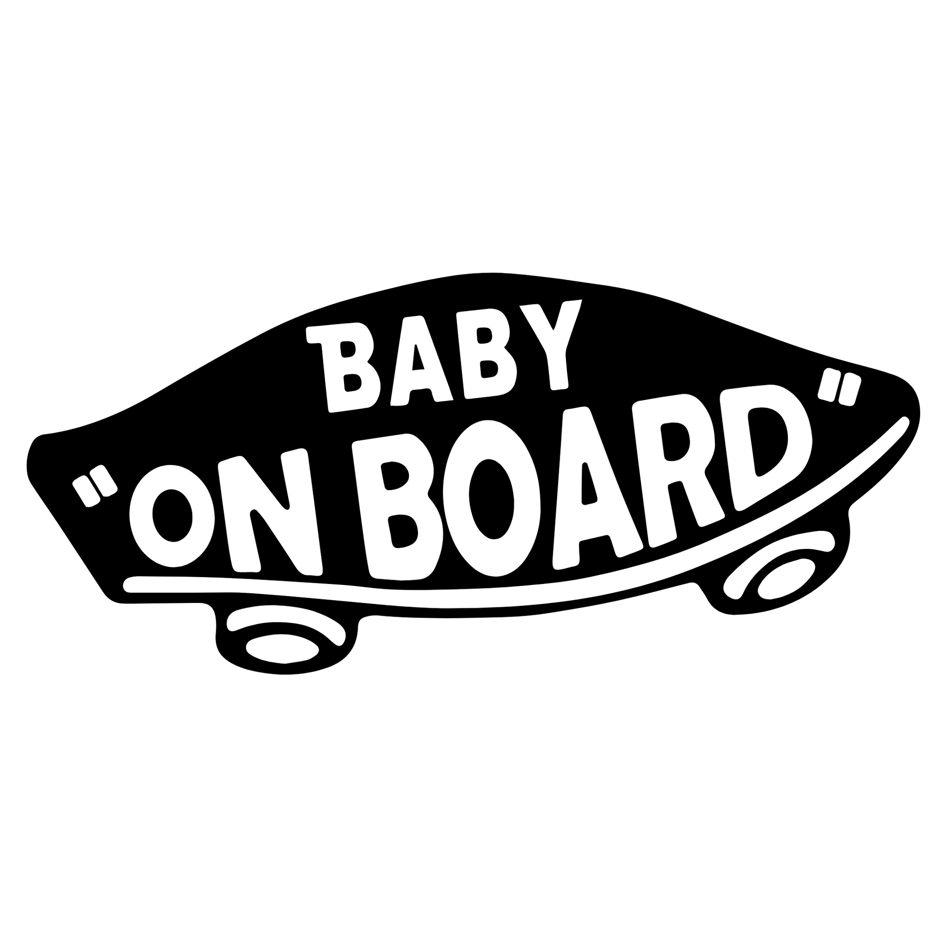 Baby on Board vinyl car sticker in black, designed in a skateboard style with bold white lettering for a playful and eye-catching look, ideal for parents who love a unique and fun approach to vehicle decals.