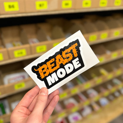 Funny motivational sticker with “Beast mode” text in bold aggressive lettering