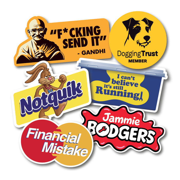 Funny vinyl sticker pack featuring 6 of Blum Decals’ best sellers including “F*cking Send It”, “Dogging Trust Member”, and “Notquik” bunny parody.