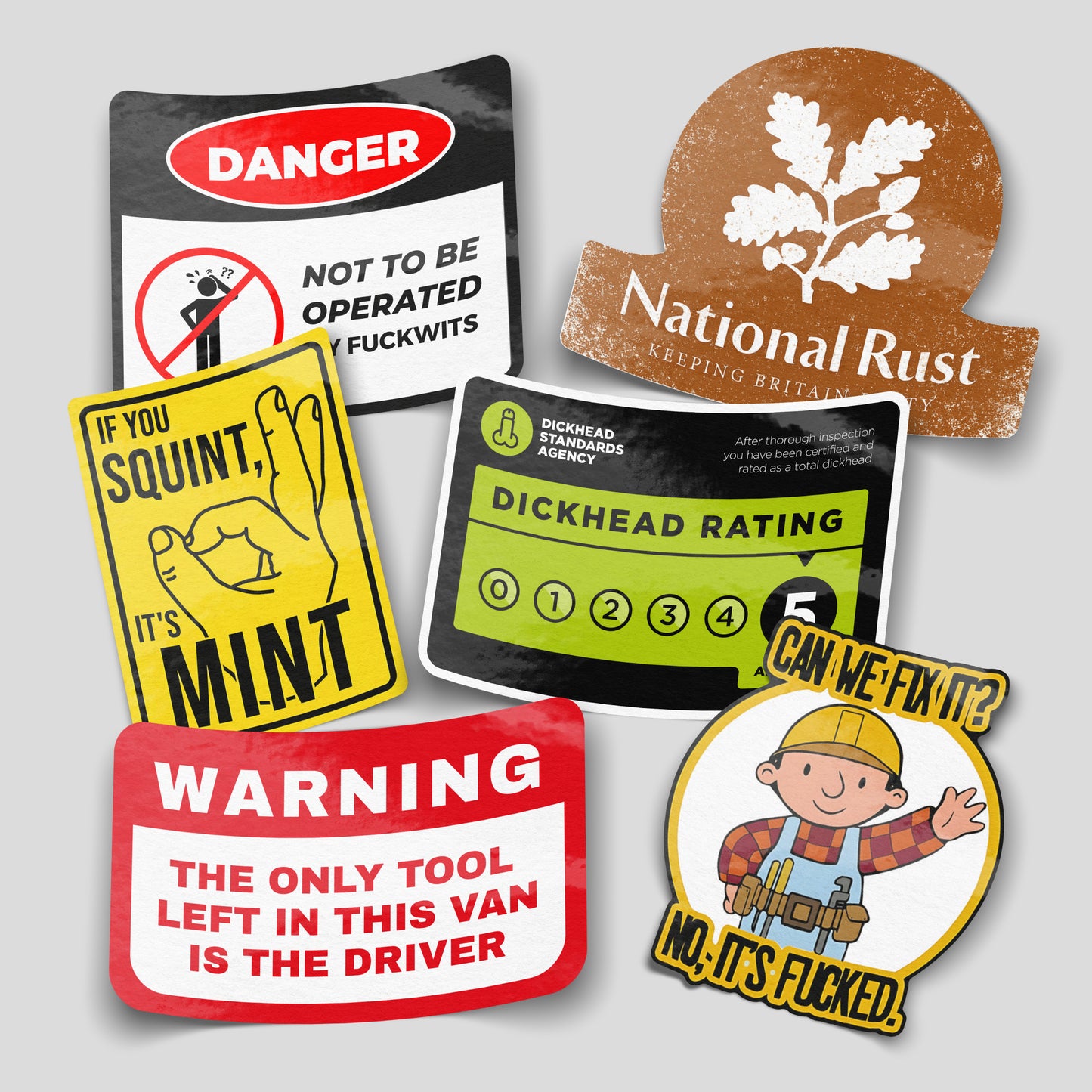 Best selling funny car sticker pack featuring offensive and novelty vinyl decals for cars, vans and toolboxes. Designed and printed in the UK.