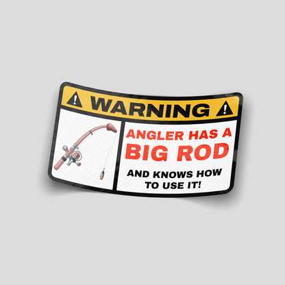 Yellow warning‑style funny car sticker featuring a fishing rod illustration and the text “Angler has a big rod”, UK angling humour decal.
