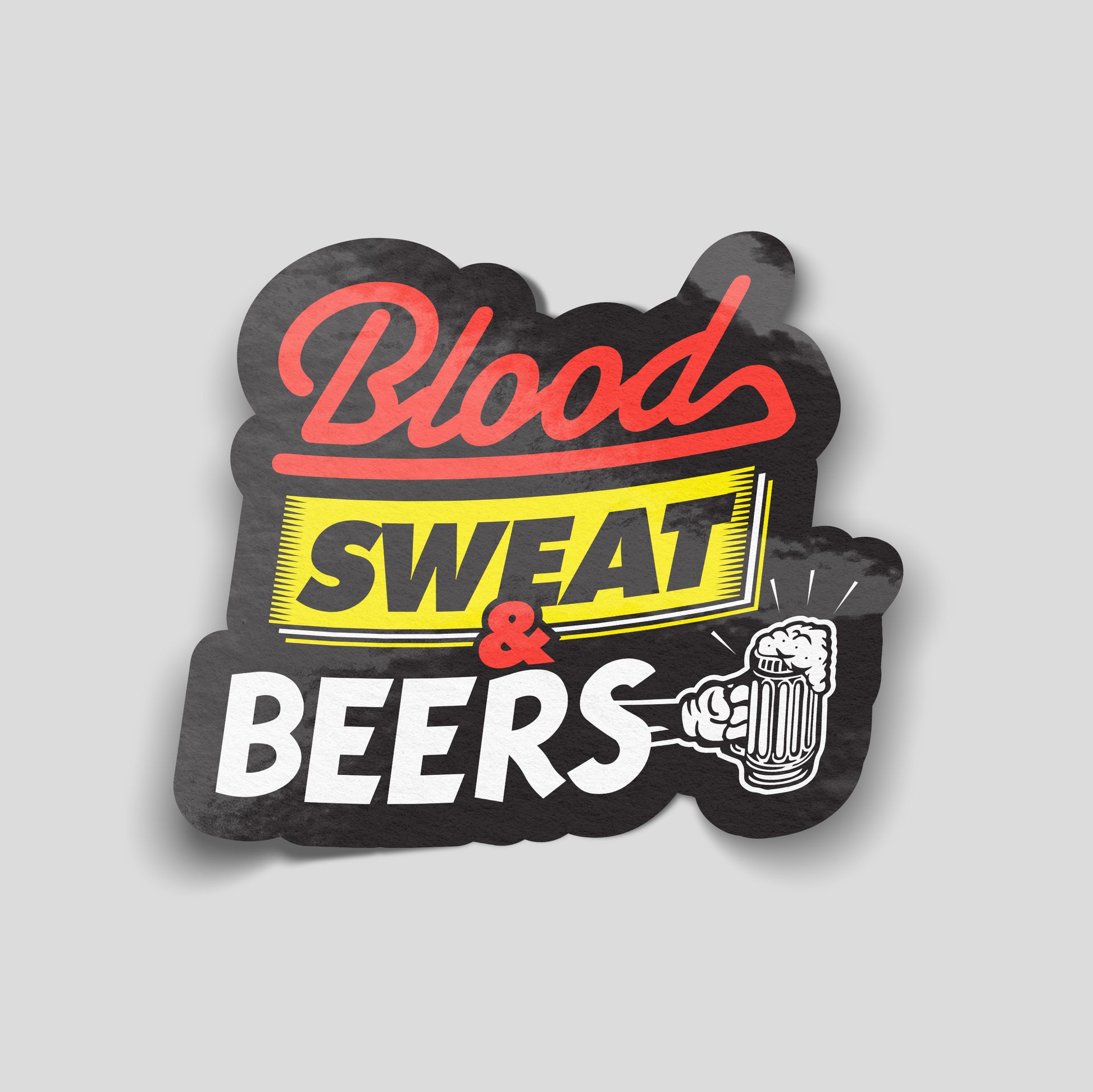 Funny “Blood Sweat & Beers” vinyl sticker with bold typography and beer graphic, novelty car sticker perfect for vans, toolboxes and garages.