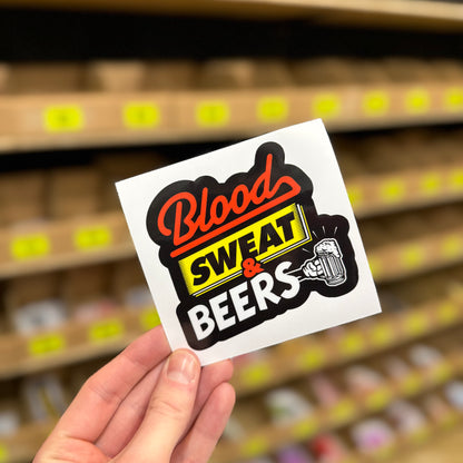 Funny beer slogan sticker reading “Blood sweat and beers” novelty vinyl decal