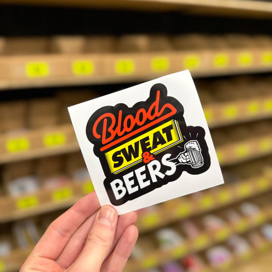 Funny beer slogan sticker reading “Blood sweat and beers” novelty vinyl decal