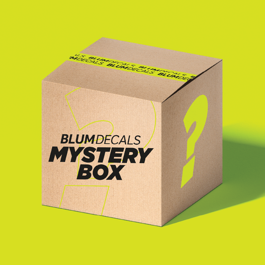 Blum Decals Mystery Box featuring 10 random funny vinyl stickers from bestselling collections – perfect for cars, toolboxes and gifts.